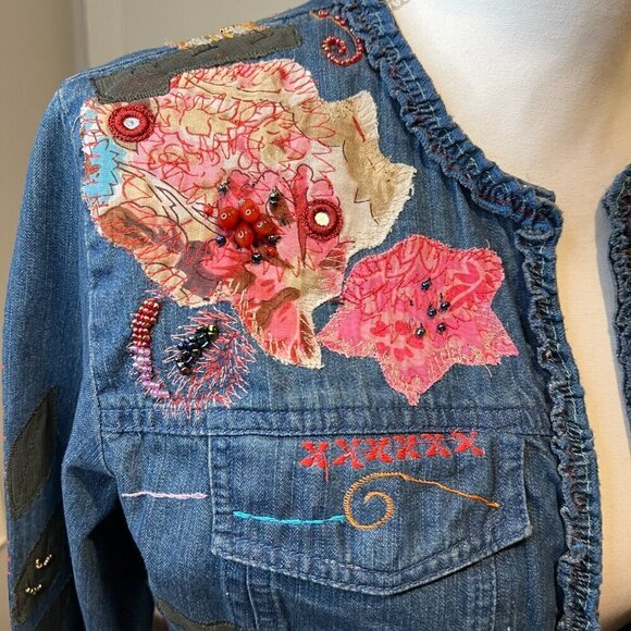 Chico's Beaded & Sequined Patchwork Denim Jacket, Size 0 (US Small/4) - Picture 2 of 15